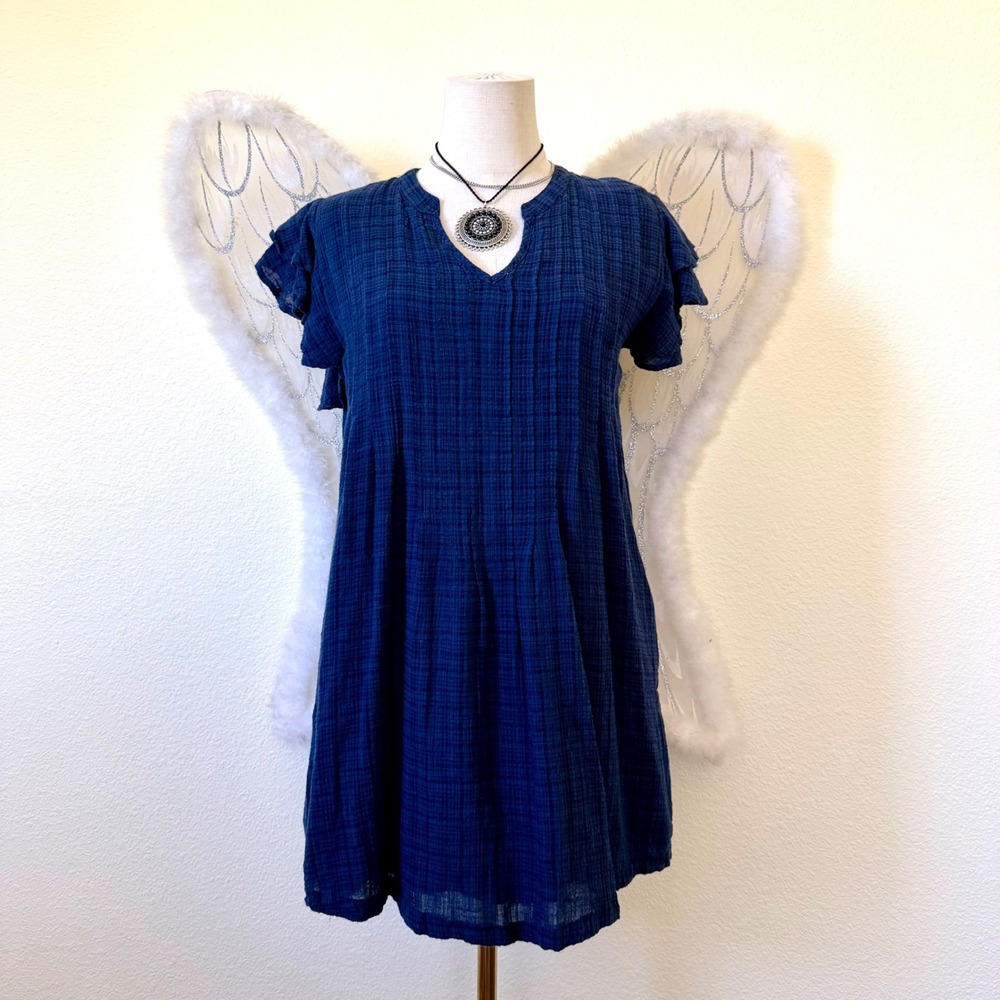 Sundance PS Blue Plaid Flutter Sleeve V-Neck Cotton Viscose Mini‎ Dress Pockets